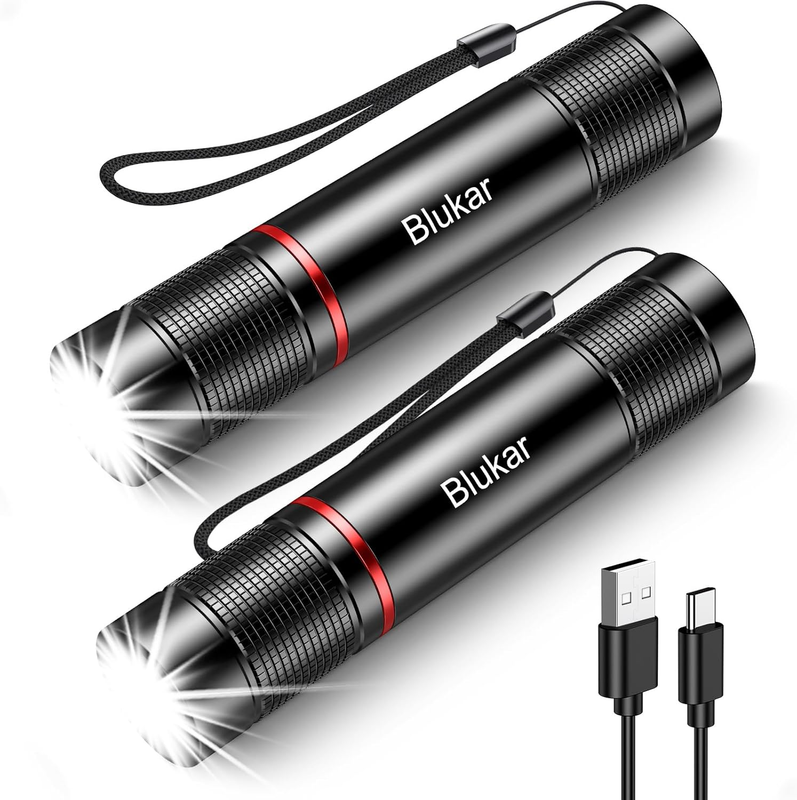LED Rechargeable Torch, [2 Pack] Super Bright Flashlight Adjustable Focus, 4 Lig