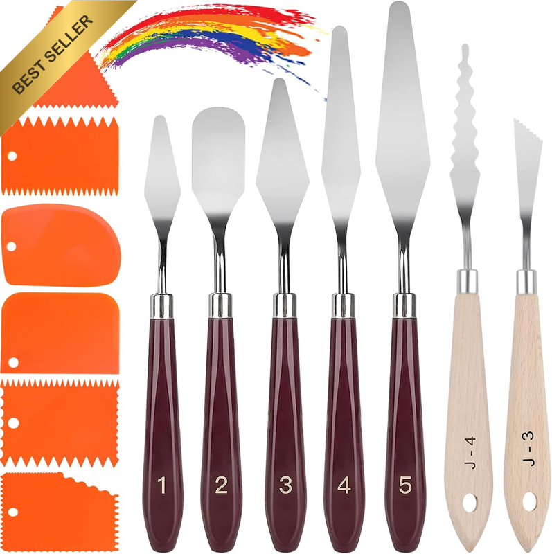 13 Pcs Palette Knife Set 7Pcs Stainless Steel Painting Knives and 6Pcs Plastic S