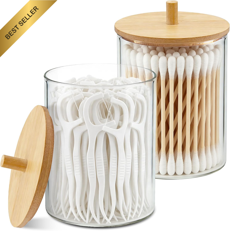 Glass Qtip Holder with Bamboo Lids, 10 Oz Apothecary Jars, 2 Pack