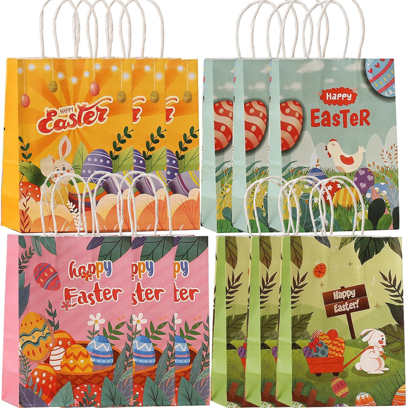 12 PCS Easter Paper Party Bags Kraft Gift Bags with Handle for Candy Treat Holid