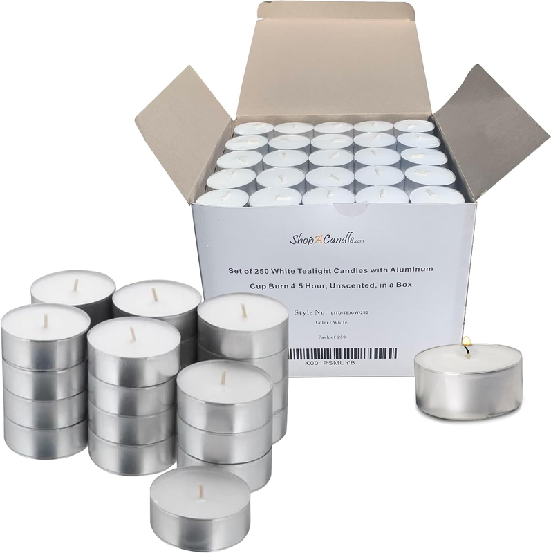 Long Burning 6-7 Hour Unscented Tea Light Candles, White, Bulk 250