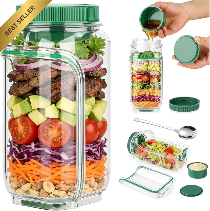Salad Jar with Stainless Steel Cutlery - Leakproof Meal Prep Container with Side
