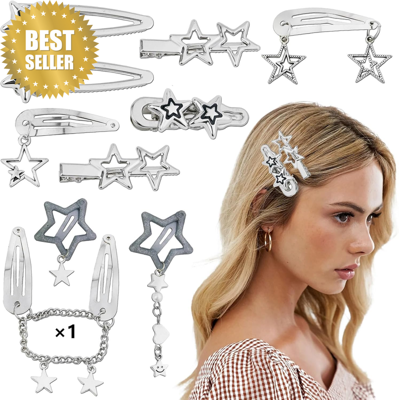 10 Pcs Y2K Star Hair Clips Set, Silver Metal Snap Barrettes in 8 Shapes, Non-Sli
