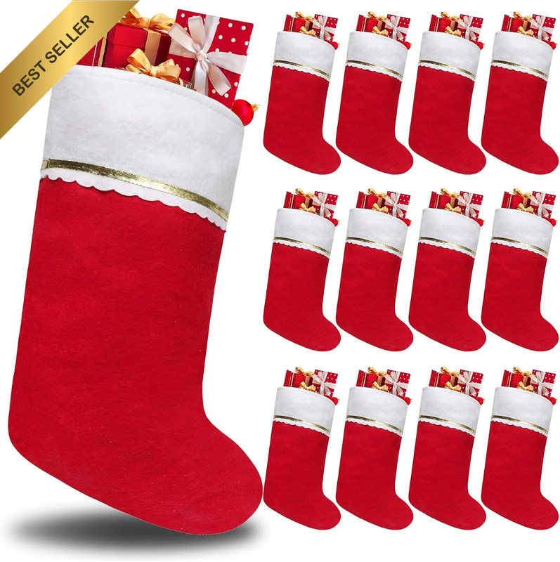 12 Pcs 15" Red Felt Christmas Stockings Gold Trim Hanging Holiday Decor