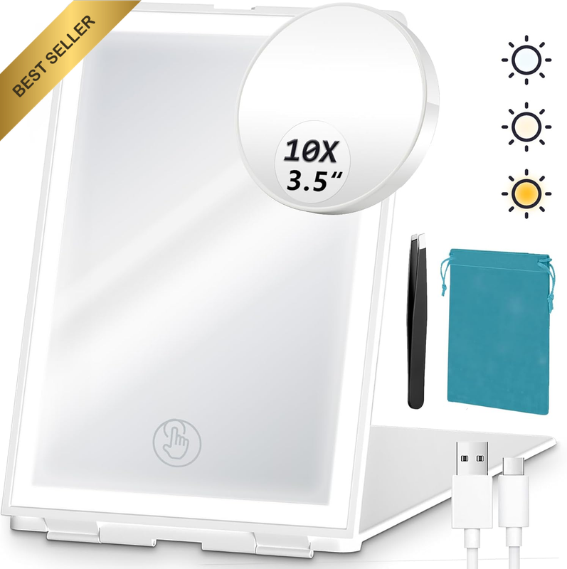 Travel Lighted Makeup Mirror with 10X Magnifying Mirror and Tweezer, Rechargeabl