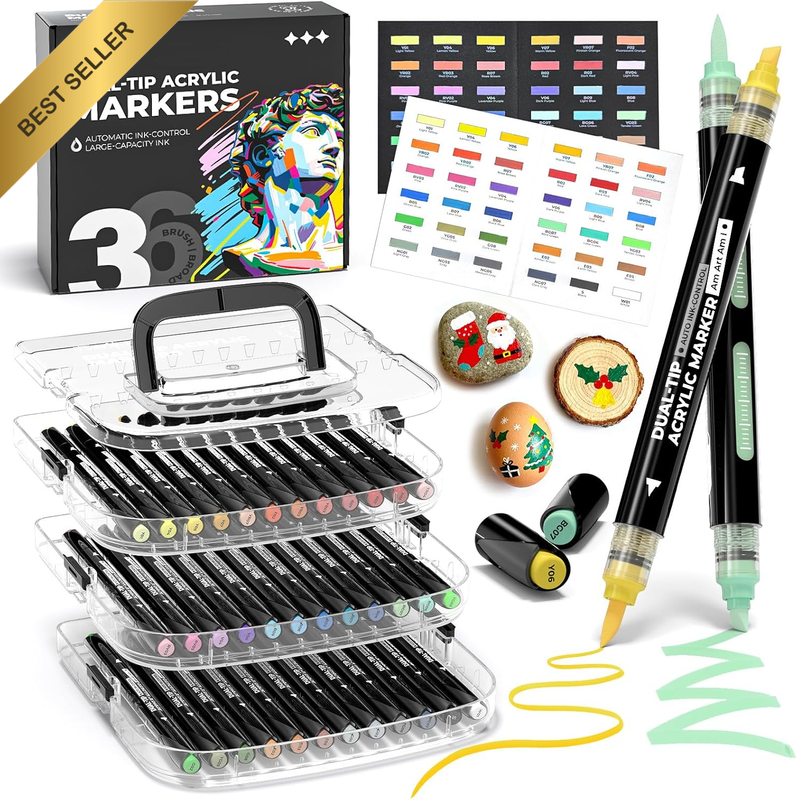 Automatic Ink Control Acrylic Paint Markers,36 Colors Dual Tip with Broad Tip an