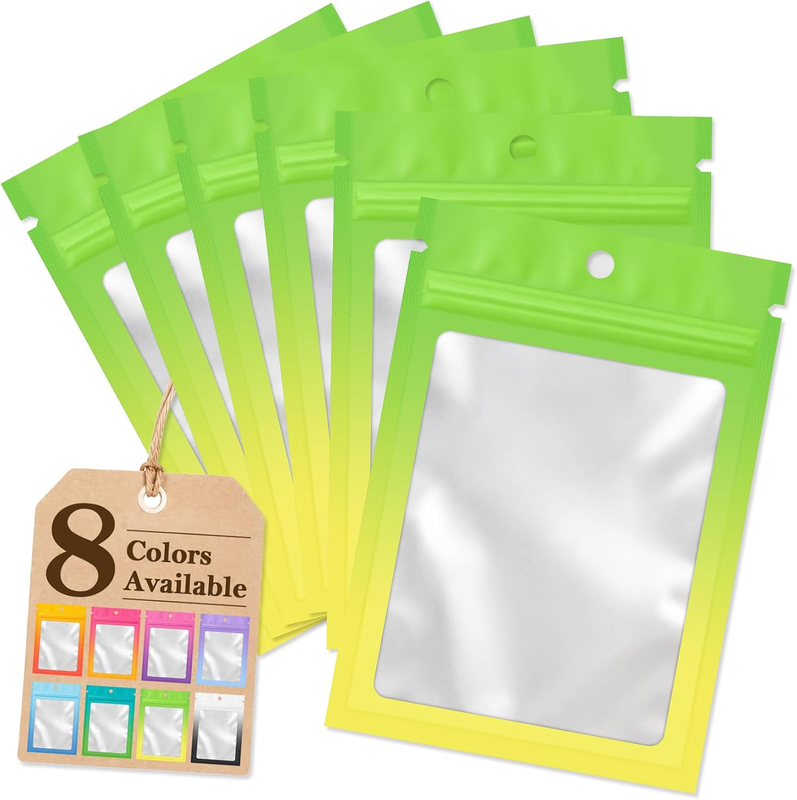 Funfery 100 Pack Mylar Resealable Bags, Green Yellow Clear Packing Bags | for Fo