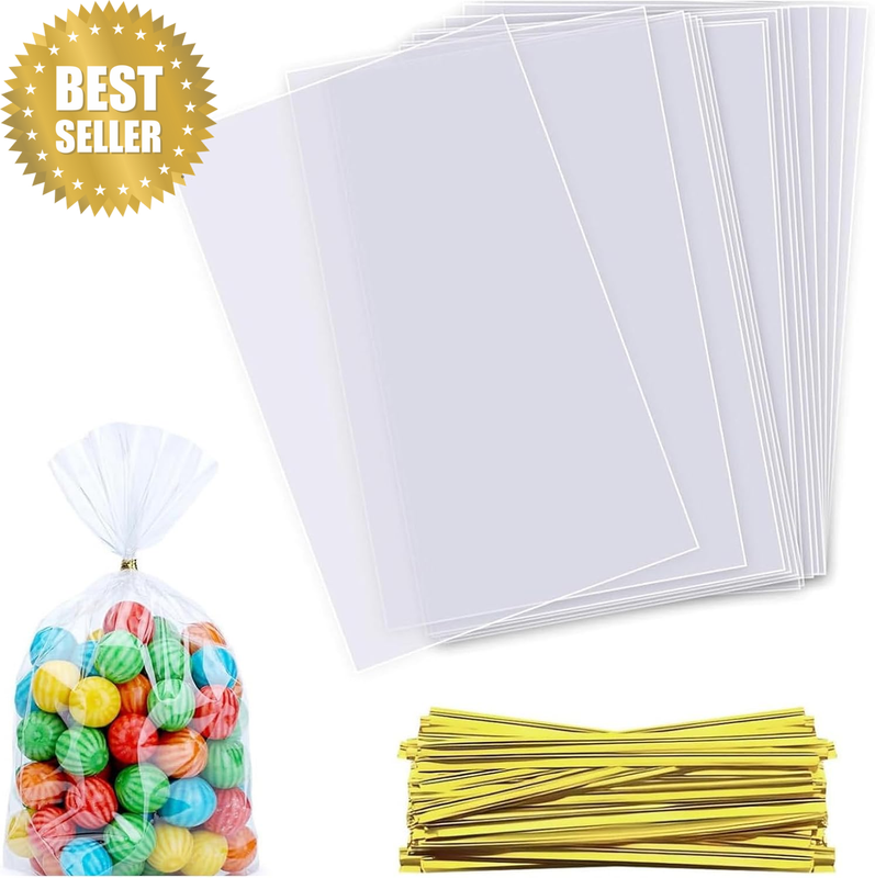 100 PCS Cellophane Bags Clear Cookie Bags, 12X17Cm Transparent Treat Bags with T