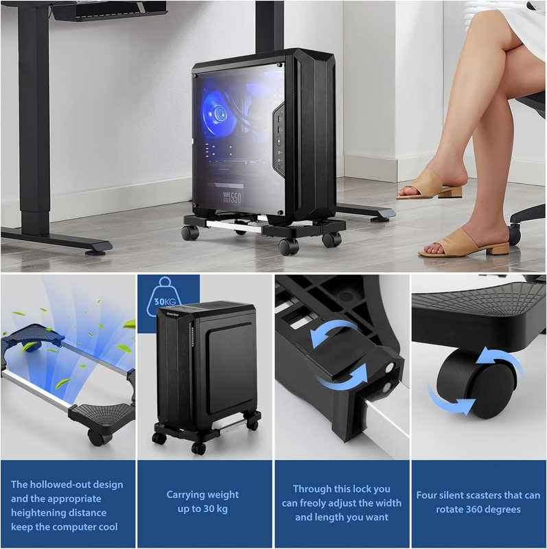 Computer Tower Stand, Adjustable Mobile CPU Stand with 4 Rolling Caster Wheels,