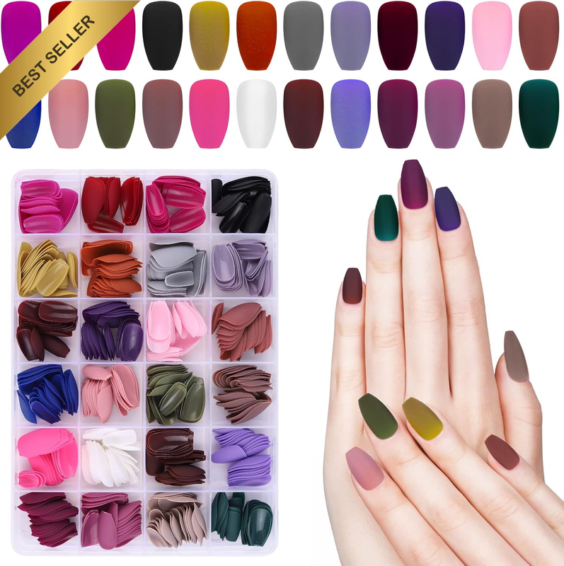 576 PCS Medium Coffin False Nails,  24 Colors Acrylic Artificial Matte Press on