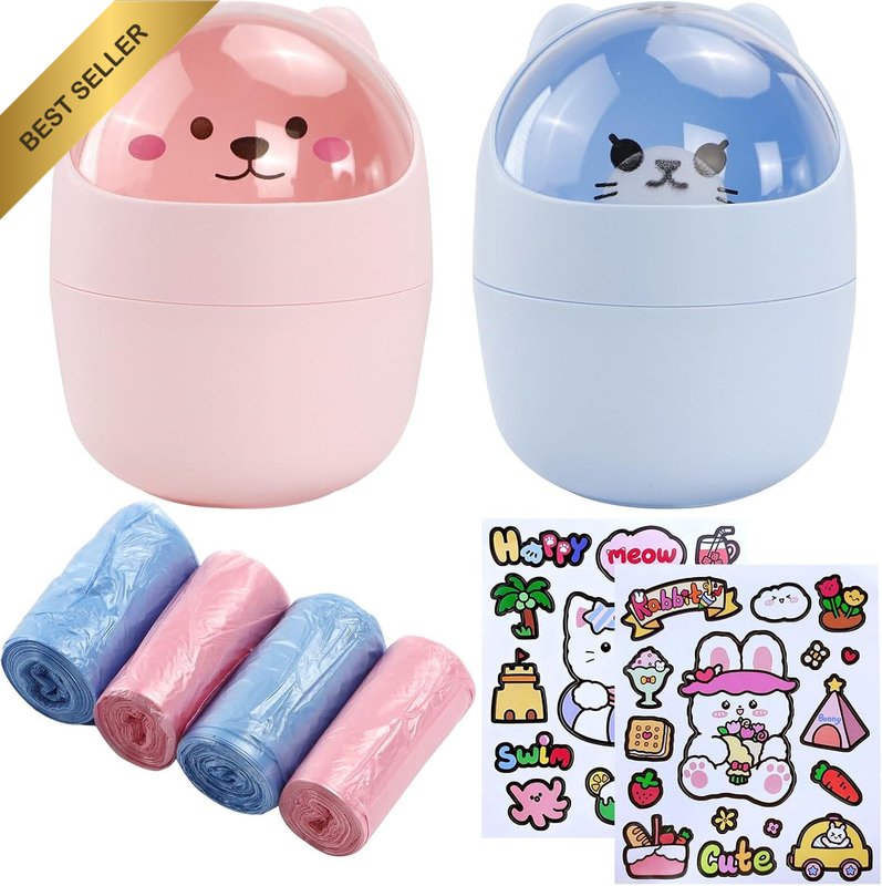2 Pack Cute Mini Desktop Trash Can, Portable Tabletop Dustbin | Tiny Garbage Can