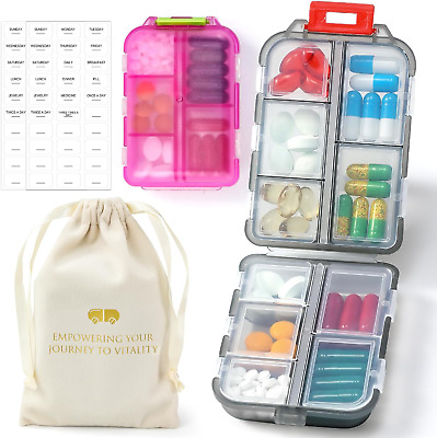 2 Pack Travel Pill Organizer Box W Labels & 1 Drawstring Pouch, Small 10 Grid Co
