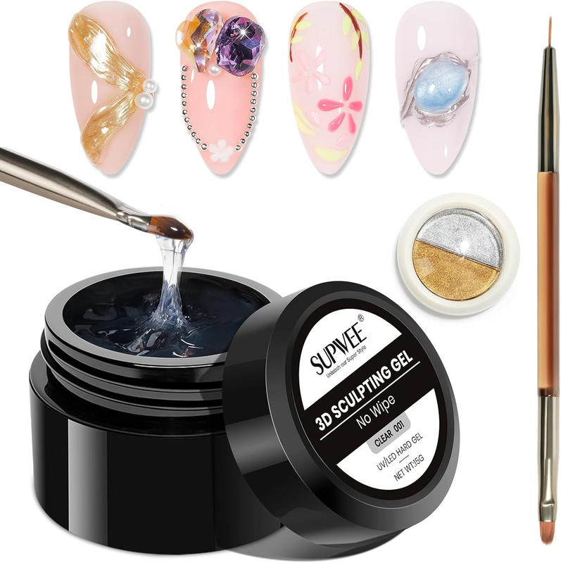 3D Gel for Nail Art, 15G Clear Unique Nail Sculping Gels with Chrome Nails Powde