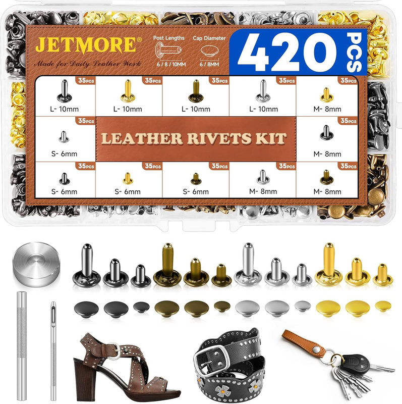 420 Sets Leather Rivets, Rivets for Leather Crafting, 4 Colors and 3 Sizes Leath