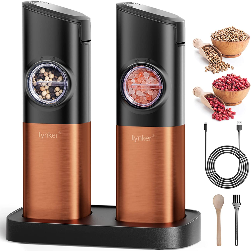 Copper Automatic Gravity Electric Salt and Pepper Grinder Set w/ Charging Base