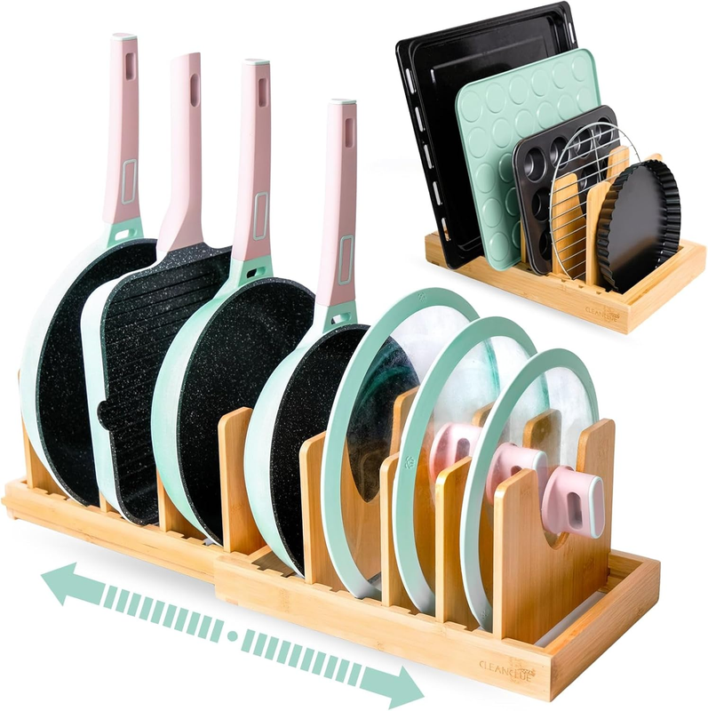 Pots and Pans Organizer under Cabinet, Bamboo Expandable Bakeware and Cutting Bo