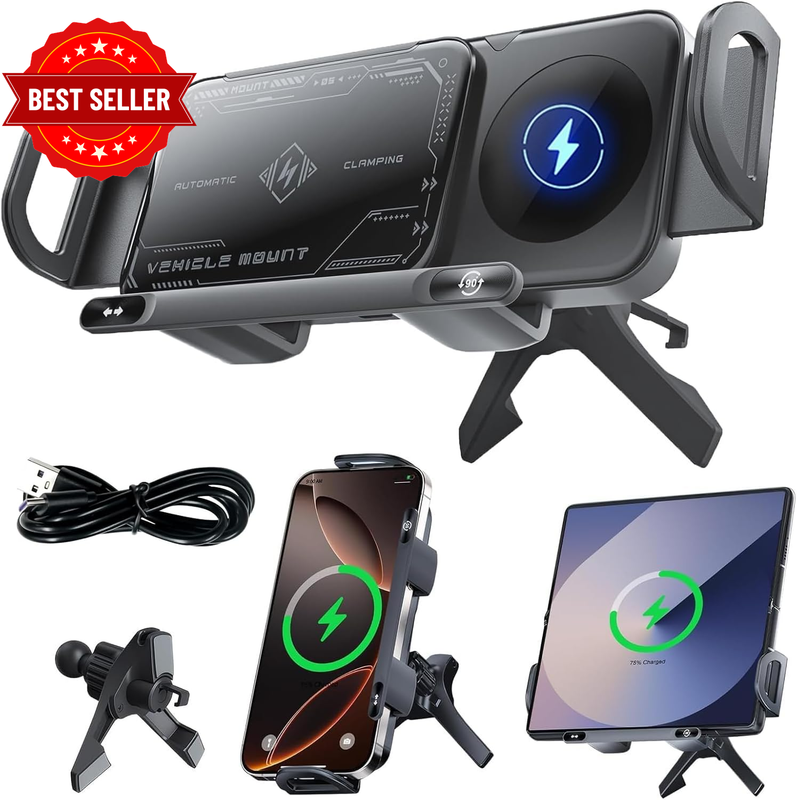 Car Phone Mount, Quick Charging with Dual Coil, Smart Sensor Clamp, Stable Shock