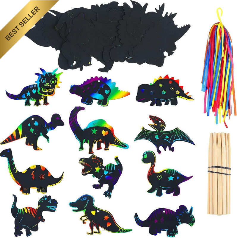 120Pcs Scratch Dinosaur Craft Art Kits with 48 Scratch Dinosaur Paper24 Wooden S