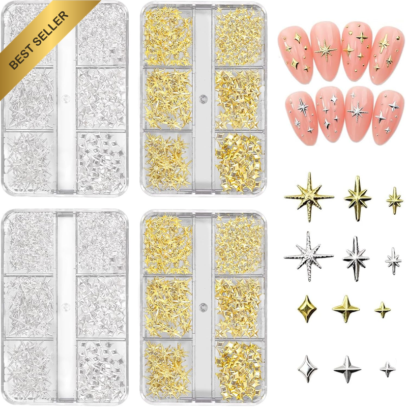 4 Boxes 3D Star Nail Charms, 24 Grids Gold and Silver Metallic Studs and Rhinest