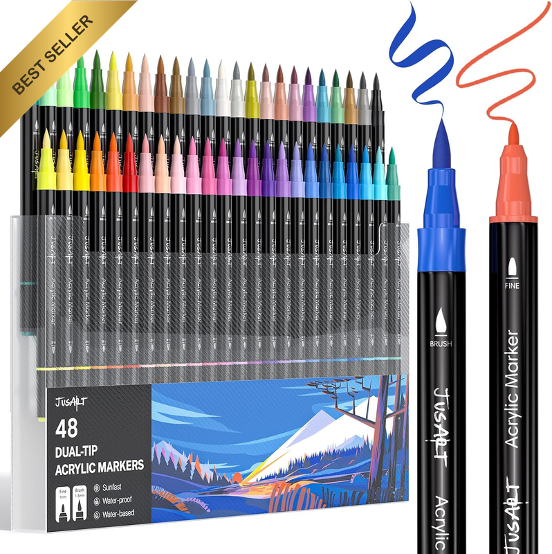Acrylic Paint Markers 48 Colors Dual Tip Paint Pens Markers, Brush and Fine Tip,