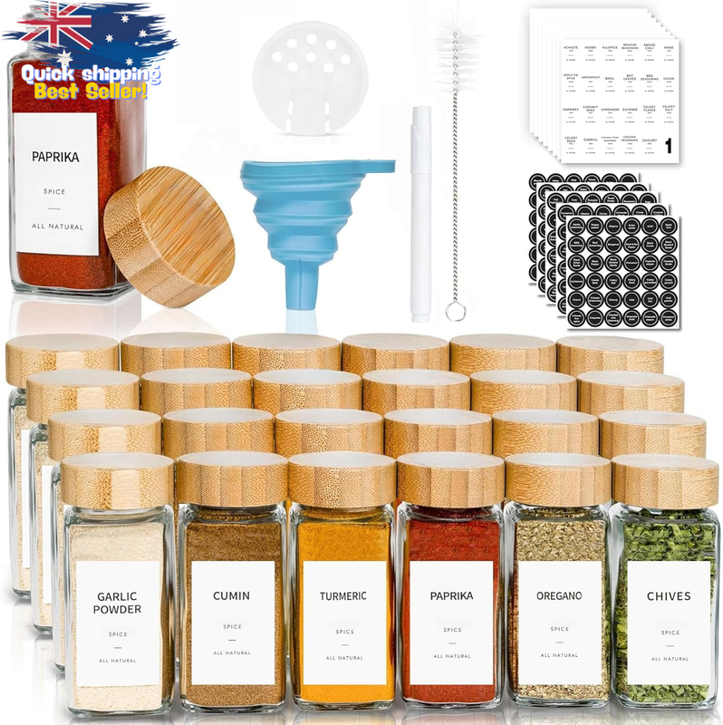24 Pcs Glass Spice Jars Set 4oz Bamboo Lids Seasoning Containers Storage