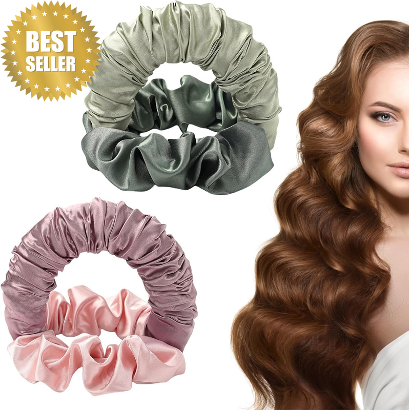 Heatless Curling Scrunchies for Women, Hair Ties, 2Pcs Soft & Elastic Satin Scru