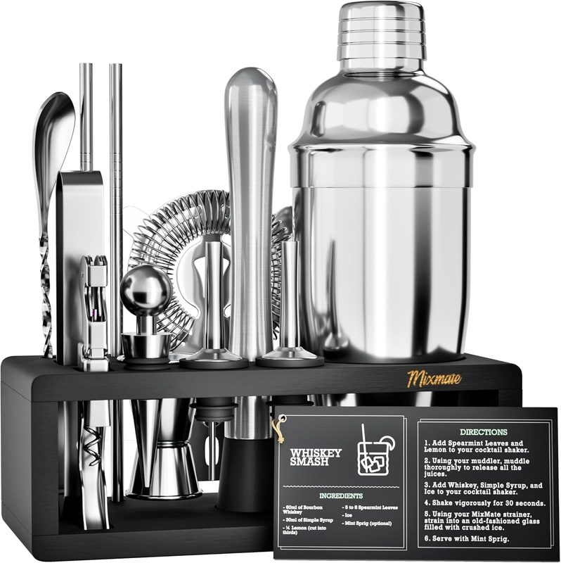 Mixology Bartender Kit with Stand | 15 Piece Bar Tool Set, Silver Bar Set Cockta