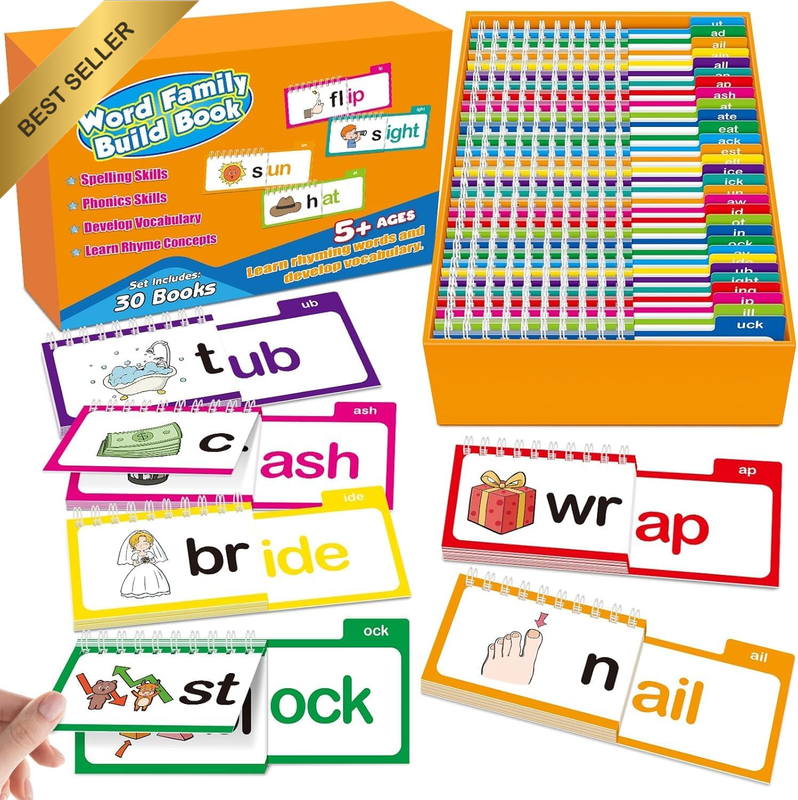 30 Read and Rhyme Flip Books - Word Family & Phonics Flash Cards Set for Kinderg