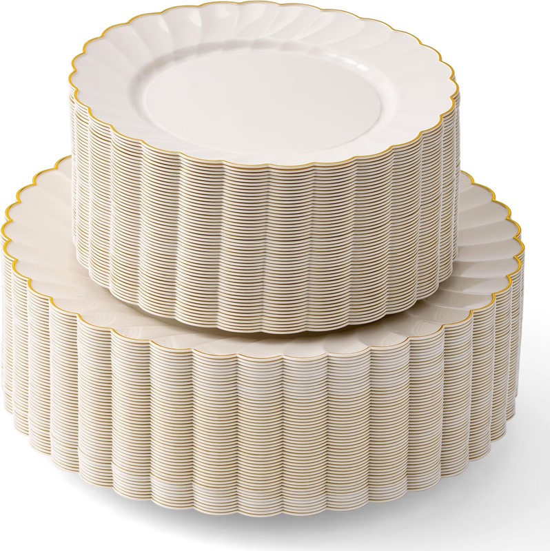 HIGH END 100 Pc Ivory Scalloped Plastic Plates with Gold Trim - 50 Dinner & 50 Dessert Fancy Disposable Plates for Party - Stunning & Elegant Table Setting for Any Occasions (50 Guests)