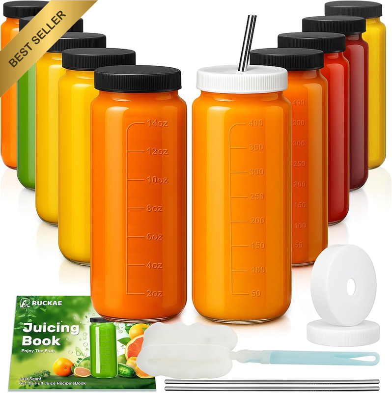 10 Pack 16Oz Glass Juice Bottles with Lids Straws Mason Jar Drinking Cups