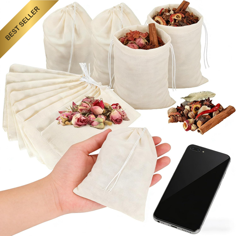 10 Pcs Spice Bags, Reusable Empty Tea Bags, Muslin Strainer Bags, Soup for Cooki