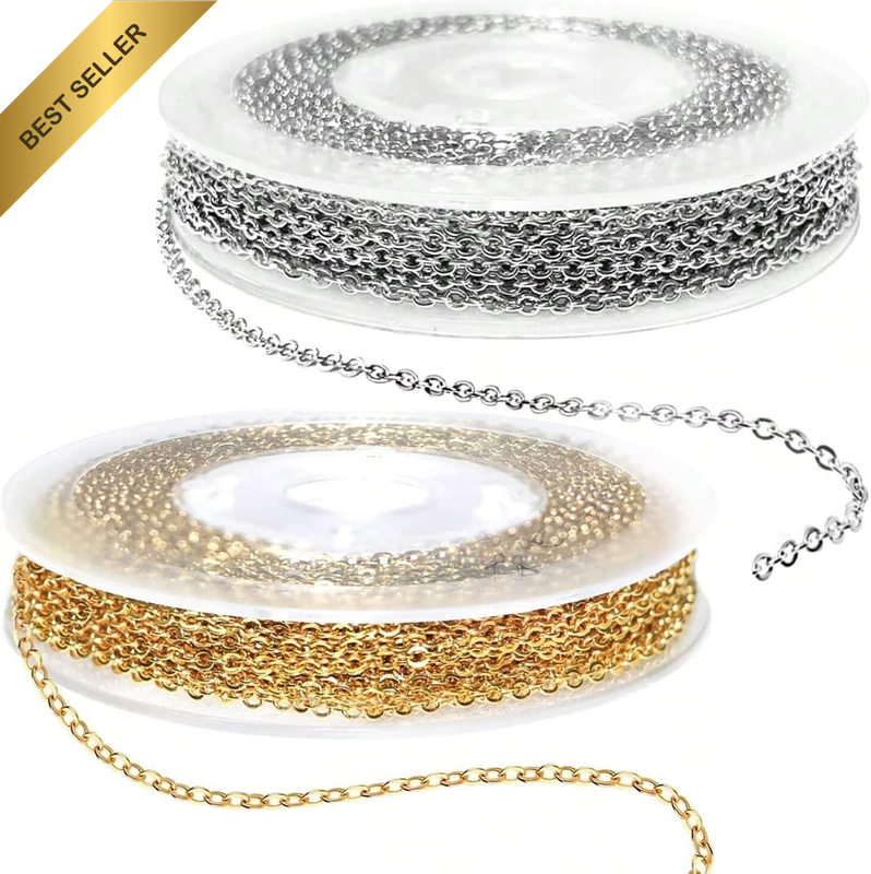 Jewellery Making Kit with Chains - 2 Rolls Gold & Silver Chain (3M/Roll) + 20 Lo