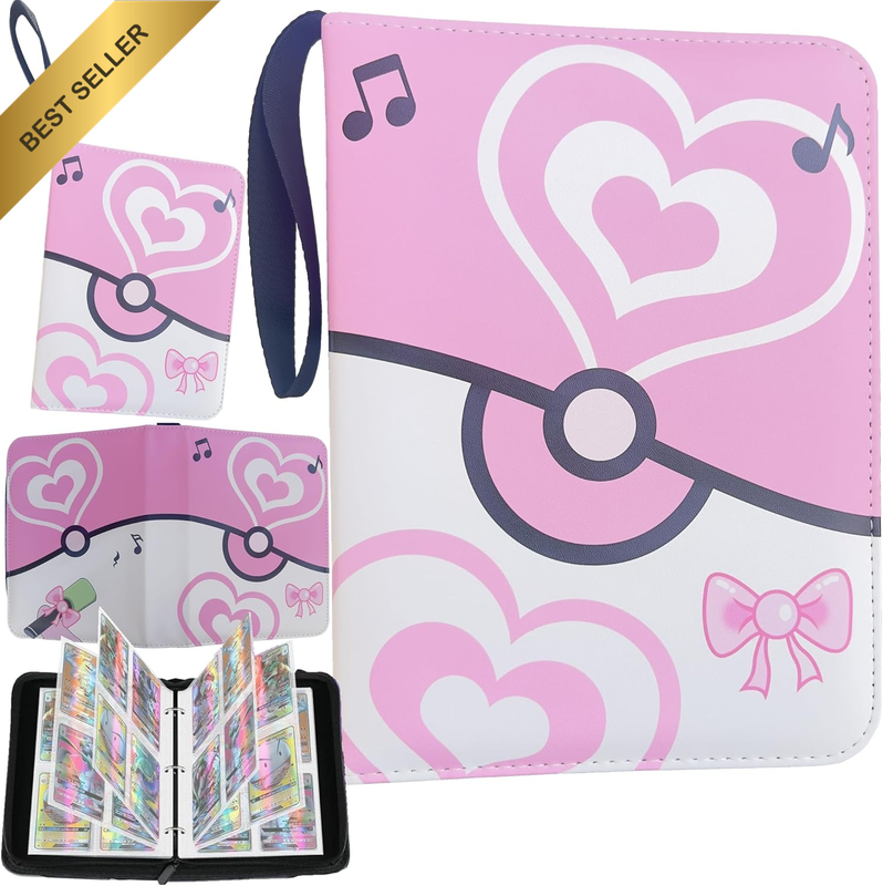 4 Pocket Trading Card Binder 400 Card PU Leather Zipper Album Pink