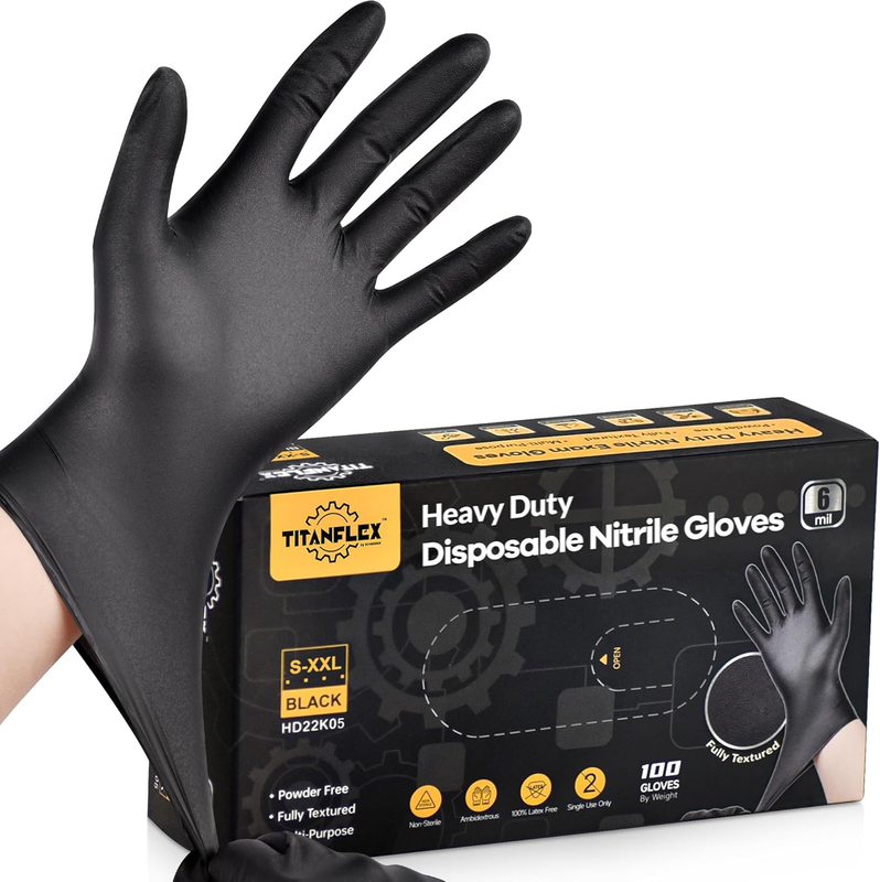 Heavy Duty Black Nitrile Gloves, 6 Mil, Fully Textured, Mechanic Disposable Glov
