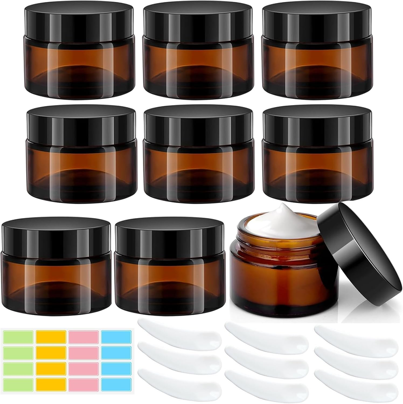 50Ml Amber Glass Jars, 9Pack Empty round Cosmetic Jars with Lids Und Inner Liner