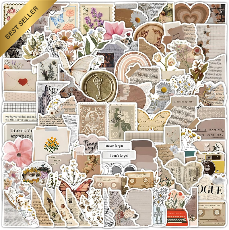 120-Pc Vintage Scrapbook Stickers, Waterproof Vinyl Stickers for Journals, Plann