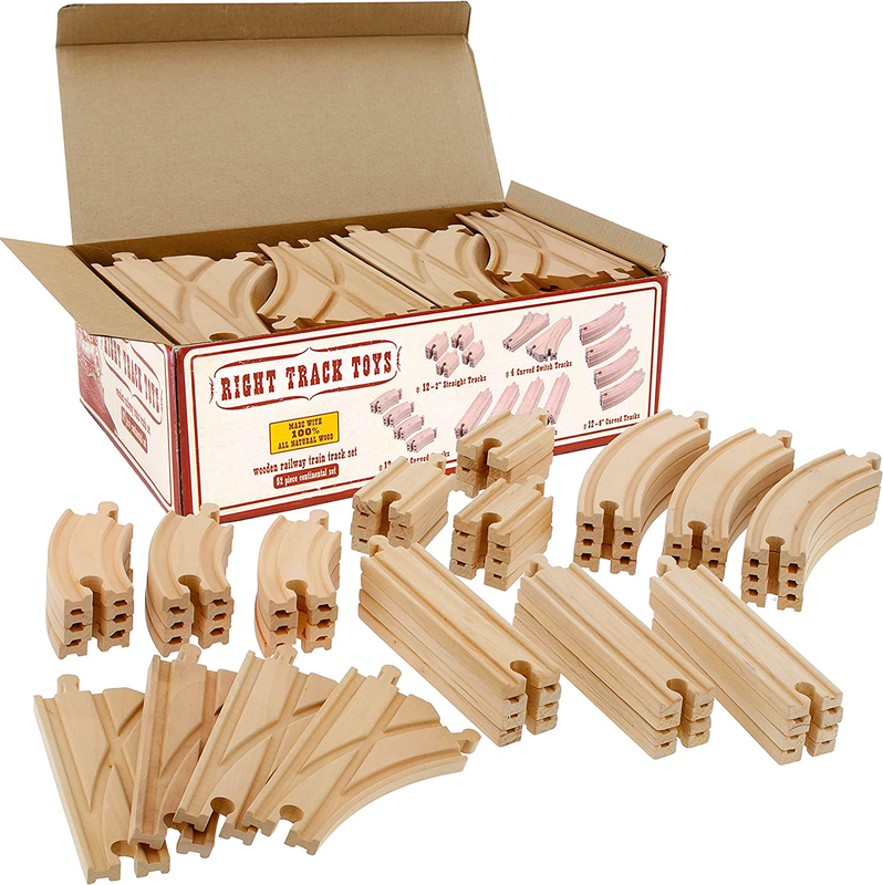 Wooden Train Track 52 Piece Set 18 ft Of Track Expansion & 5 Distinct Pieces NEW