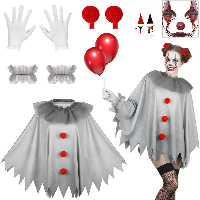 Horror Clown Kostüm Damen,Poncho Clown Kragen Handschuhe Roter Luftballon Terrif