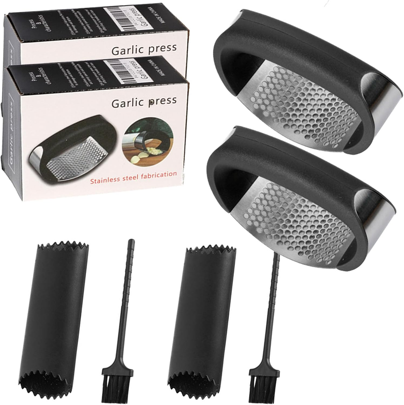 Garlic Press Rocker Set of 2, Stainless Steel Garlic Mincer Crusher with Handle,