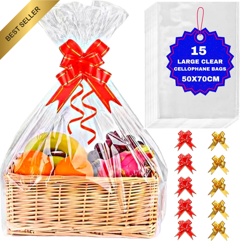 Large Cellophane Bags, Pack of 15, 50X70Cm, Clear Gift Wrap with 20 Pull Bows, f