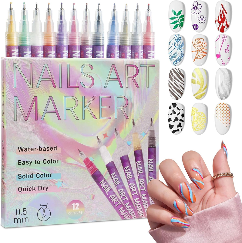 12 Colors Nail Art Pens Set, 2026 Upgraded Nail Polish Markers, Quick Dry Fine T