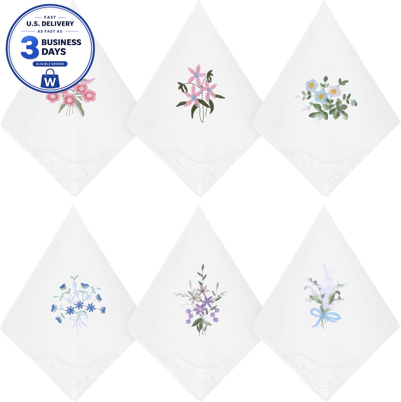 Cotton Floral Lace Handkerchiefs 6 Pack 11 x 11 Inches