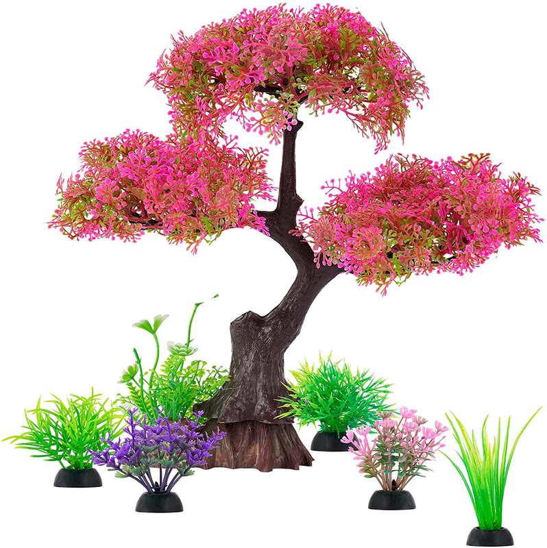 Aquarium Artificial Plastic Plants Decoration, Pink Cherry Blossom Tree & Grass