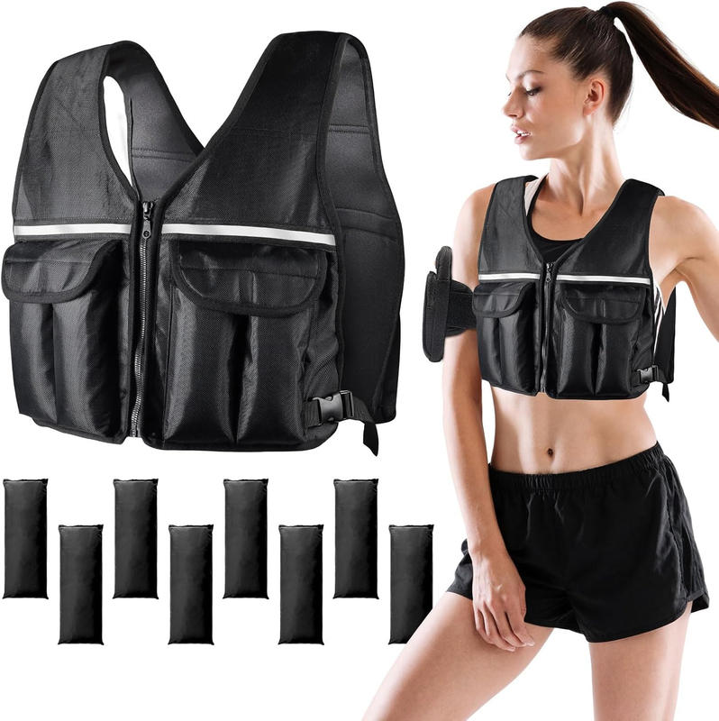Adjustable Weighted Vest 0-10 Lbs/0-18 Lbs for Women Men for Running Walking Cardio and Strength Training with Shoulder Pads and Reflective Stripe
