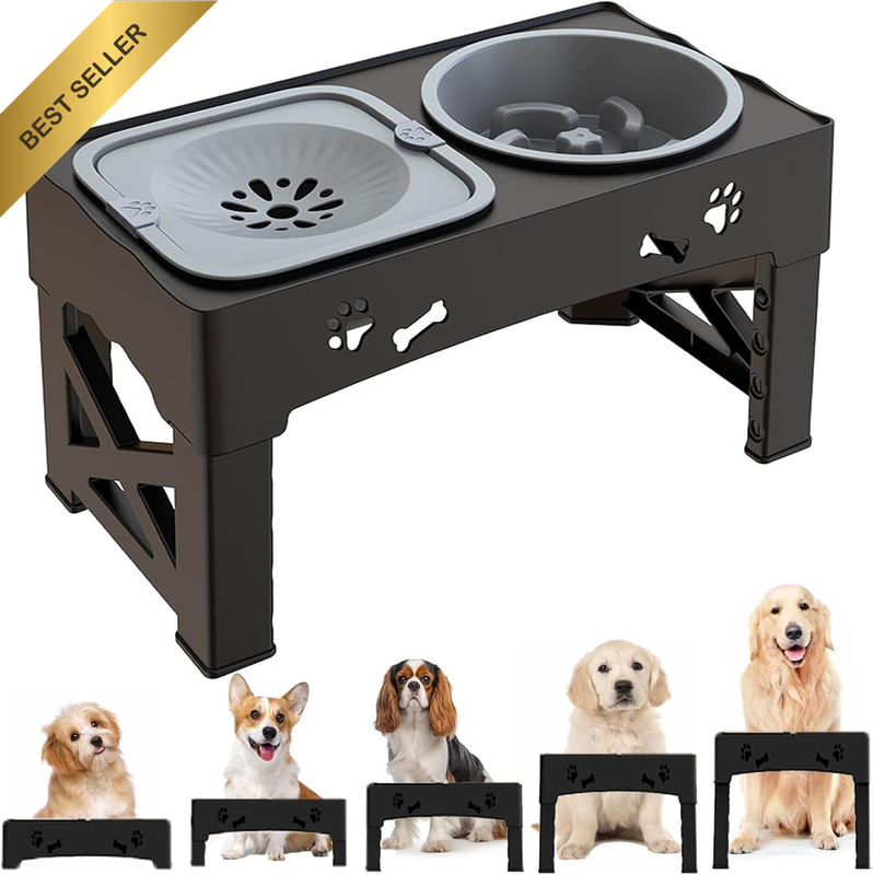 Foldable Elevated Dog Bowls with Slow Feeder 5 Heights No Spill Design