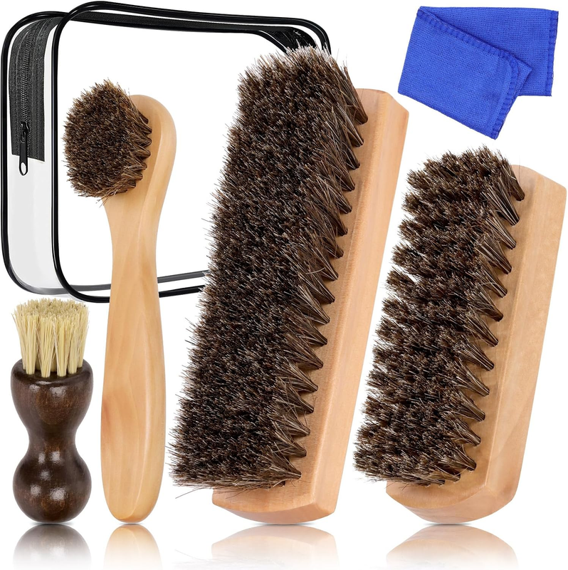5Pcs Horsehair Shoe Shine Brush Set, Shoe Brush Shoe Polish Brush Leather Shoes