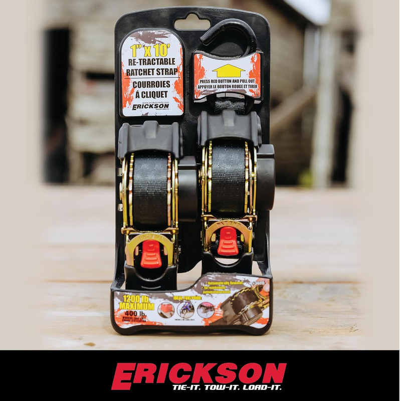 Erickson 34415 Pro Series Black Retractable Ratcheting Tie-Down Strap (Pack of 2