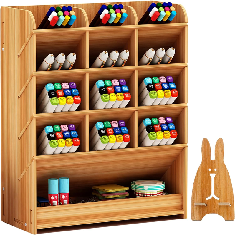 Wooden Desk Organizer, Desktop Stationery Holder for Pen Pencil Markers, Makeup