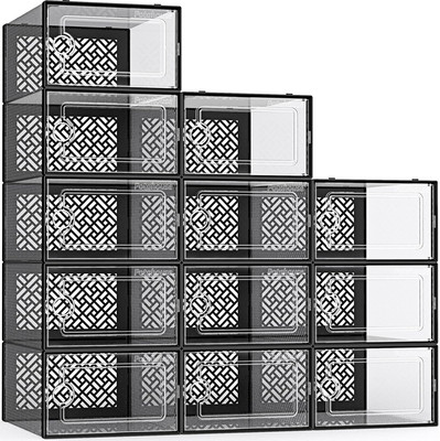 TAUS 12 PCS Shoe Storage Box Clear Stackable Shoe Container XL Black