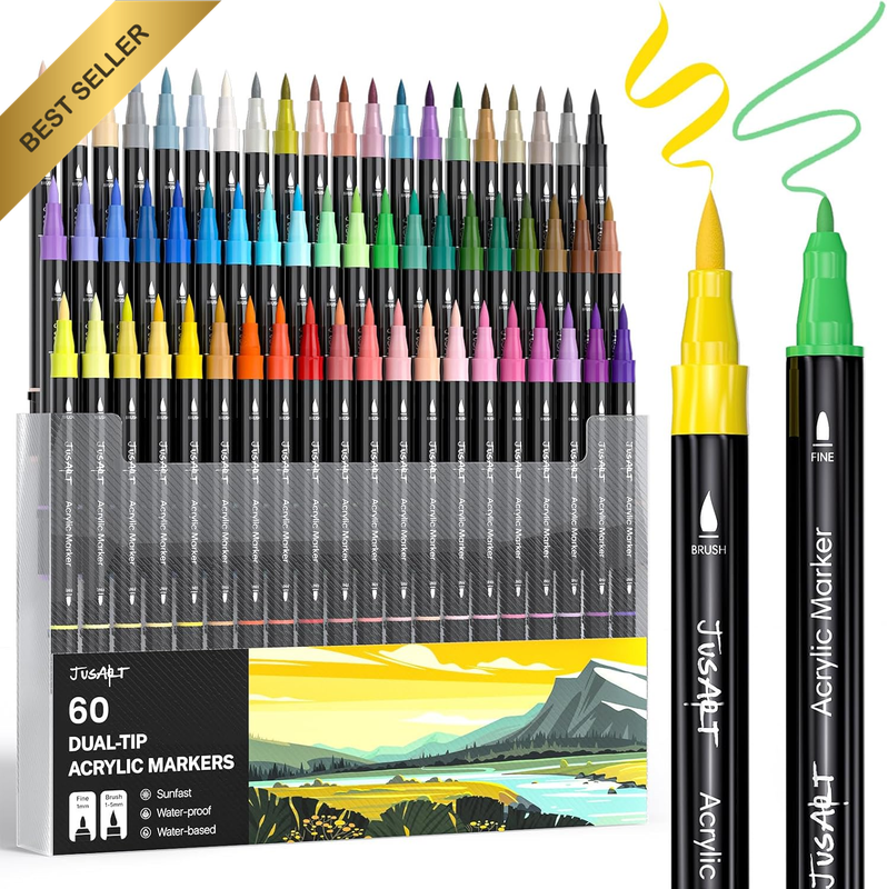 Acrylic Paint Markers 60 Colors Dual Tip Paint Pens Markers, Brush and Fine Tip,
